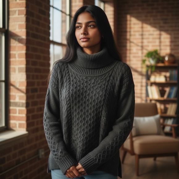 American Eagle Outfitters Sweaters - Chunky Cable Knit Turtleneck Sweater Dark Gray Women's Cozy Winter Fashion